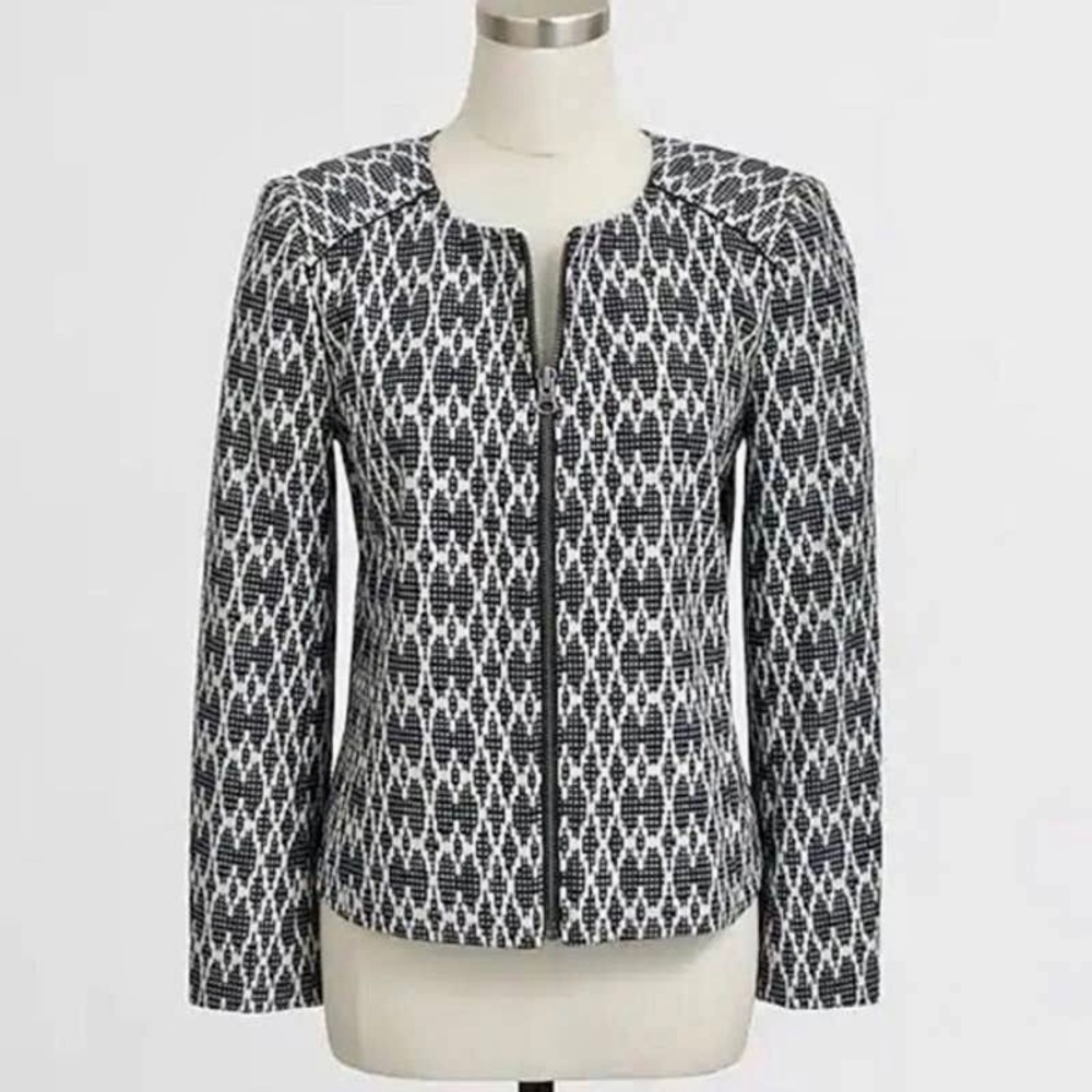 J Crew Jacquard Motorcycle Jacket Zip Front Blue White Geometric